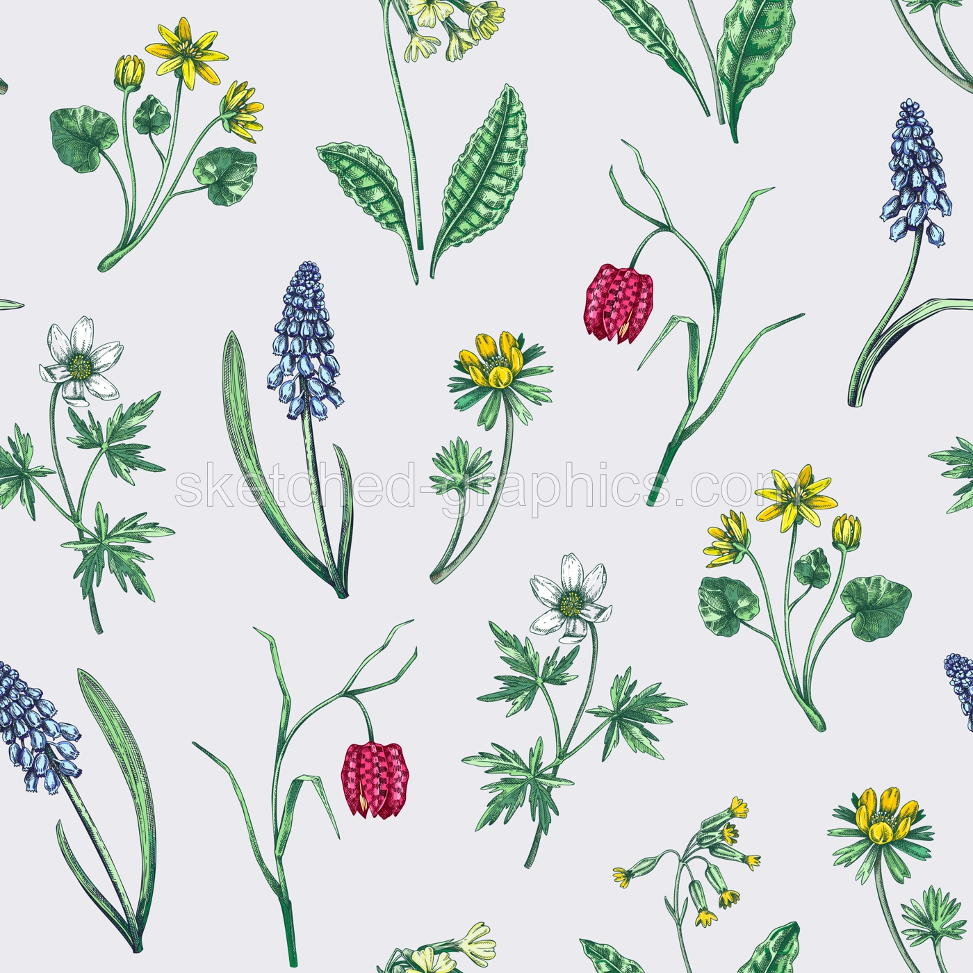 Spring flowers seamless pattern. Wildflowers background. Forest plant, greenery, wild flowers sketches. Hand drawn vector illustration. Not AI-generated Illustration
